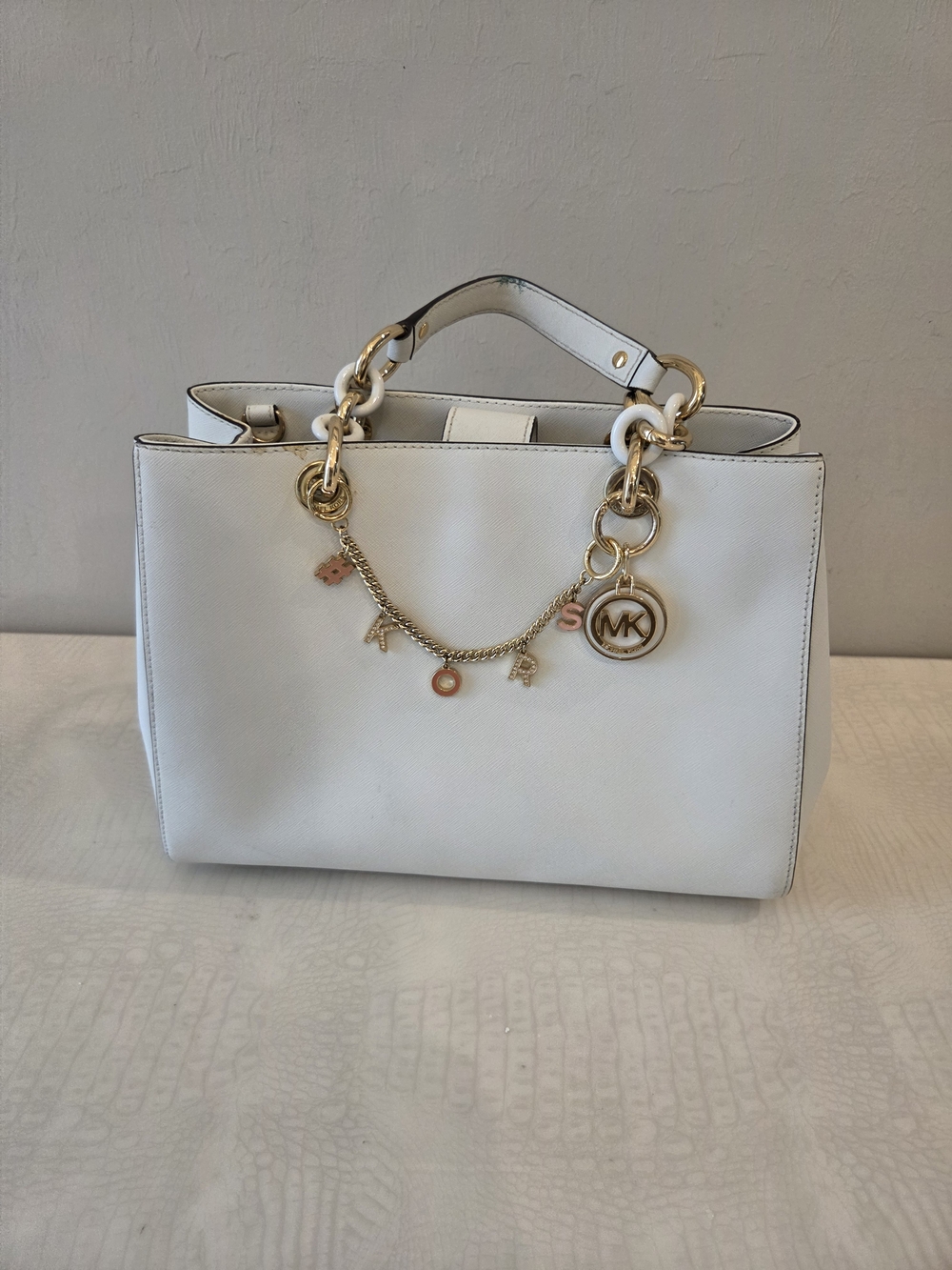 Michael Kors Cynthia White Saffiano Leather Tote Gold Chain Charm